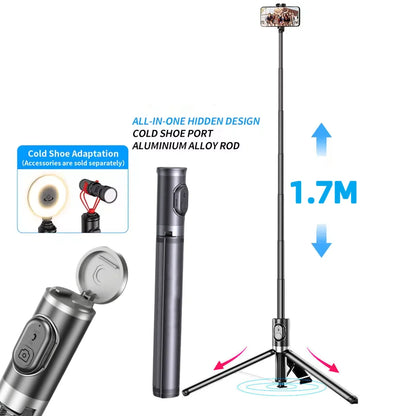 FANGTUOSI 1700mm Tripod Auto Pop Open Tripod Selfie Stick with Magnetic Bluetooth Remote Smart Phone Shooting phone holder