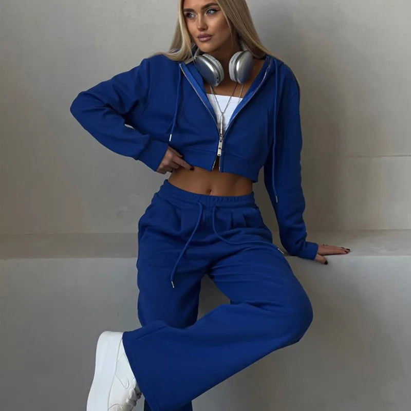 Casual Sport Tracksuit Women Hooded Two Pieces Set Sweatshirts Zipper Solid High Waist Pockets Pants Suit Outwear Autumn