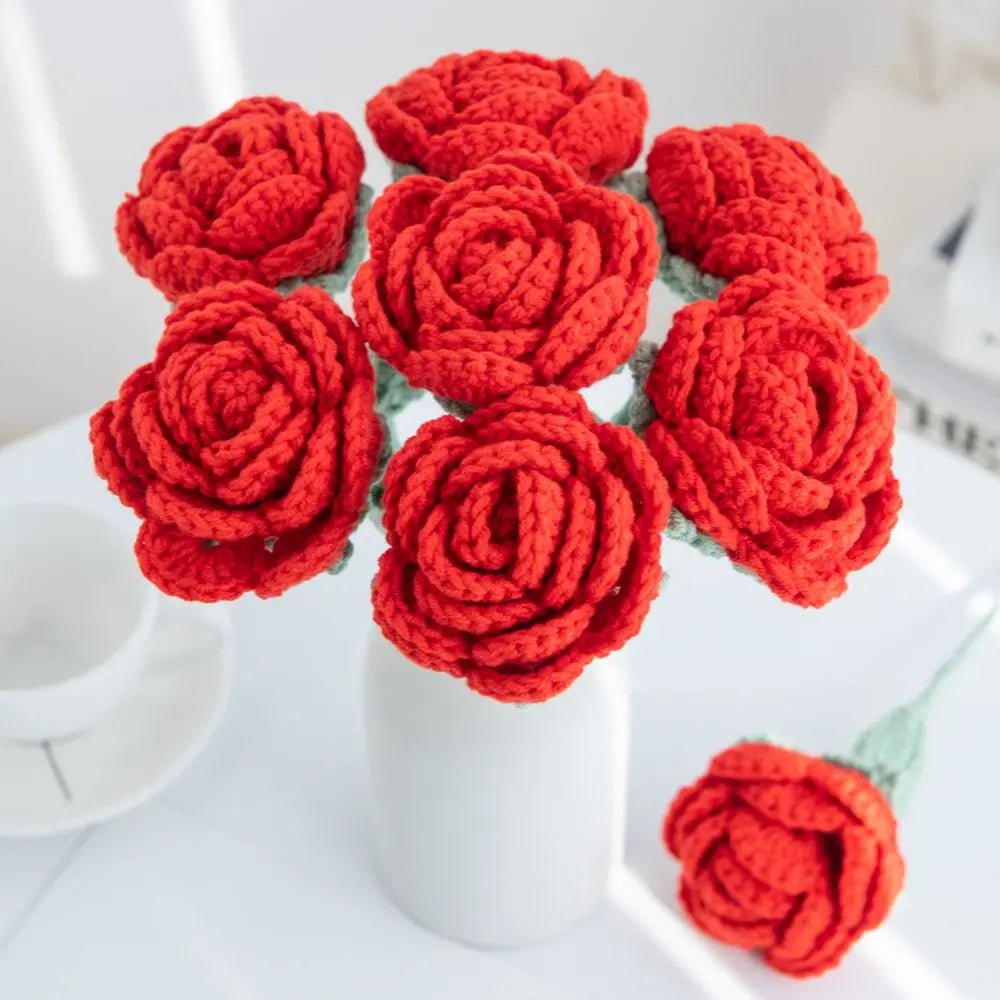 Artificial Handmade Crochet Yarn Rose Flowers Outdoor Garden Wedding Bridal Bouquets Home Vase Festival Diy Gift Valentine's Day