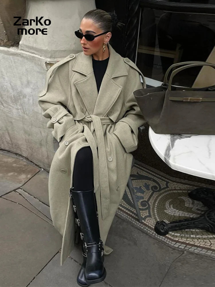 Elegant Belt Long Wollen Coat Women