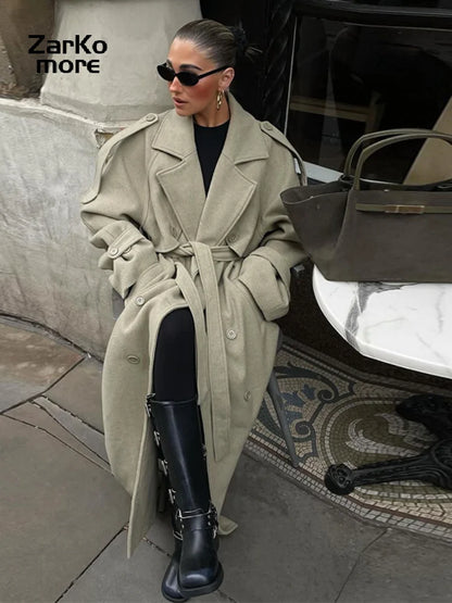 Elegant Belt Long Wollen Coat Women