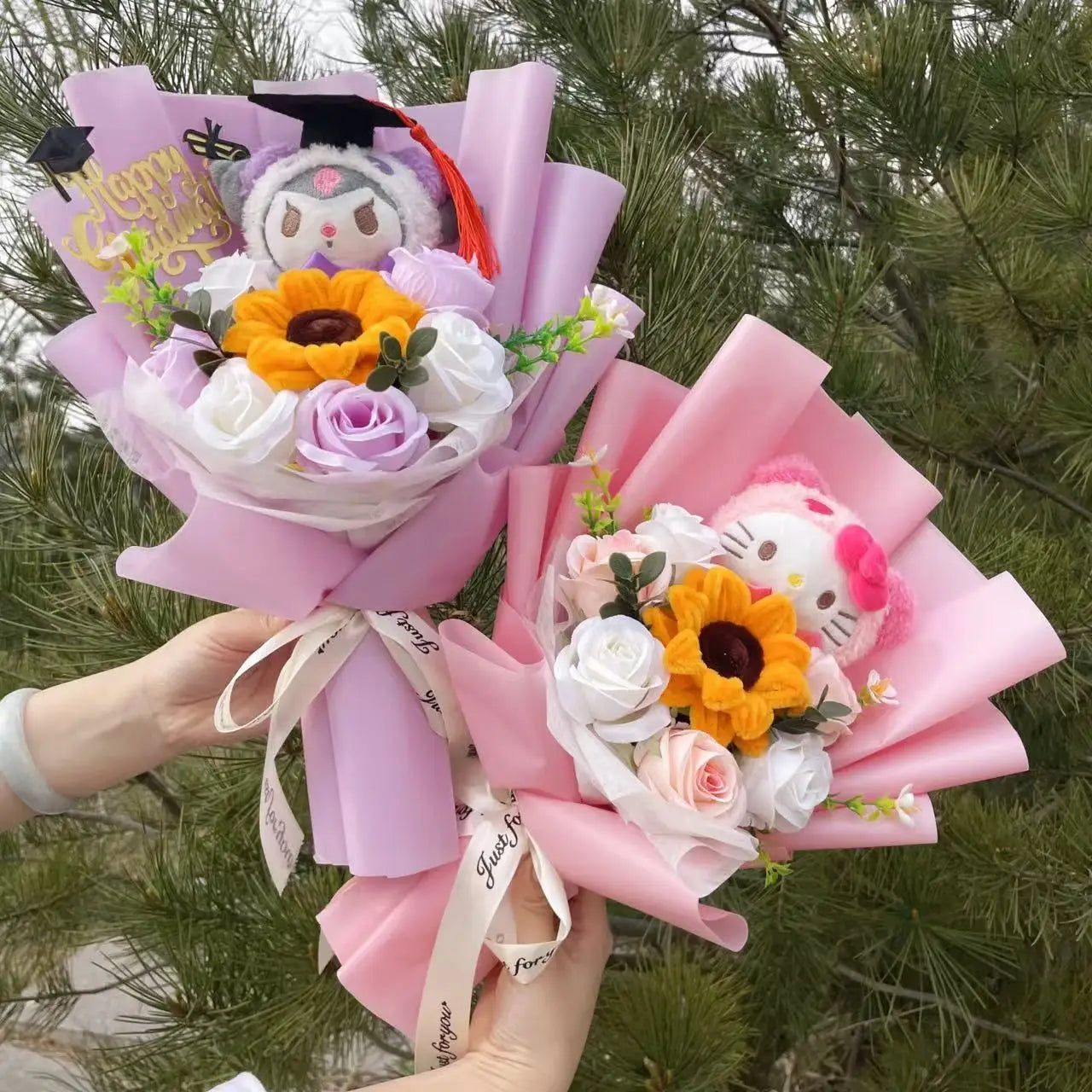 Cartoon My Melody Kuromi Cinnamoroll Kt Cat Plush Doll Holding Flower Bouquet Valentine's Day Christmas Graduation Birthday Gift