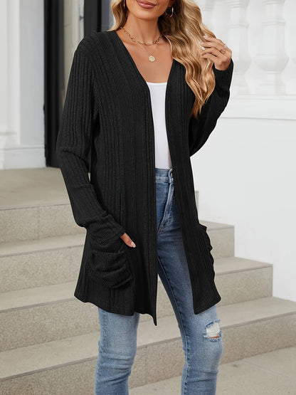 Plus-size European and American cross-border  autumn and winter new versatile casual solid color pocket cardigan