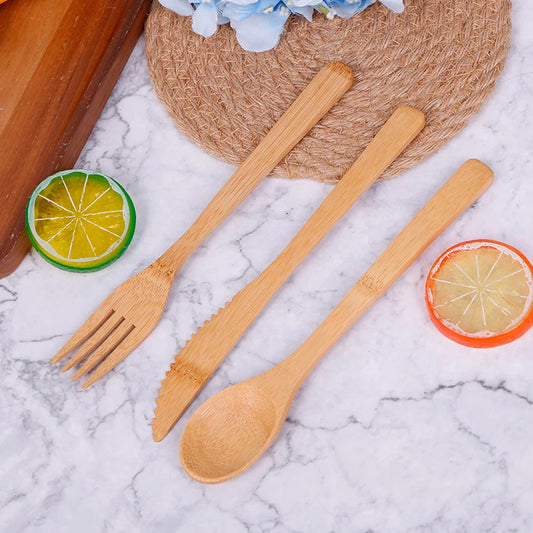3Pcs/Set Natural Bamboo Wooden Cutlery Set Fork Cutter Cutting Reusable Kitchen Tableware New