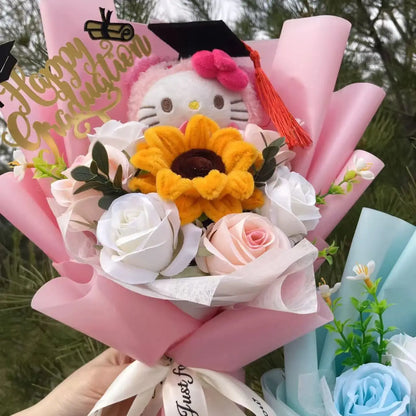 Cartoon My Melody Kuromi Cinnamoroll Kt Cat Plush Doll Holding Flower Bouquet Valentine's Day Christmas Graduation Birthday Gift