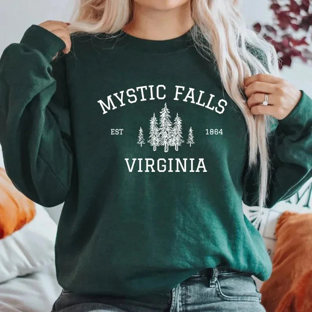 MYSTIC FALLS Women autumn and winter fashion sweatshirt digital printing round neck drop shoulder long sleeve sweatshirt
