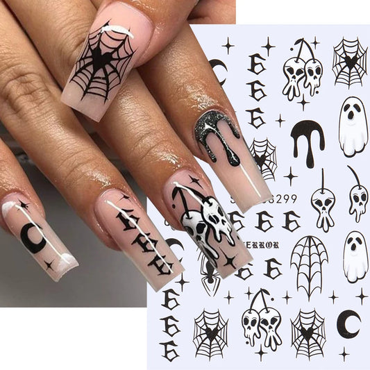 3D Halloween Nail Stickers Spider Web Ghost Skull Moon Star Line Sliders For Nails Gothic Design Summer Autumn Decor Flame Decal