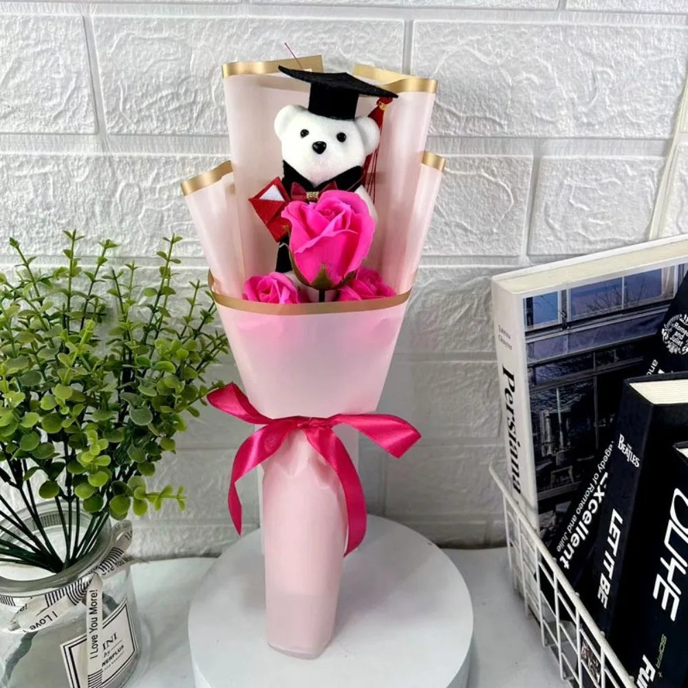 New Sunflower Bear Bouquet Bouquet Decoration Rose Sunflower Soap Flower Graduation Gift Valentine'S Day Cartoon Lovely Bear