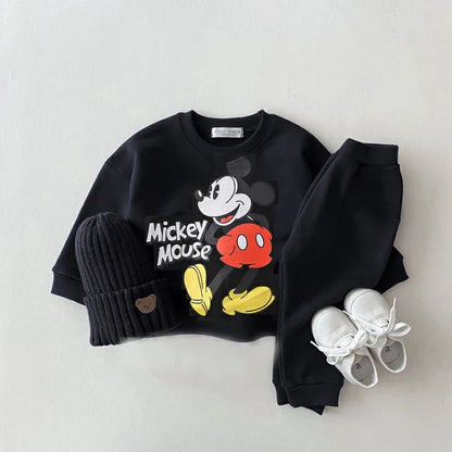 Mickey Printed Sweatshirts Baby Two Piece Set Disney Casual Pure Color Long Sleeve Outfits For Child Spring Autumn Clothing