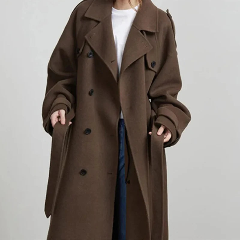 Elegant Belt Long Wollen Coat Women