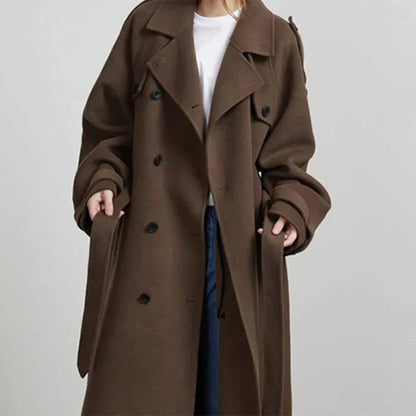 Elegant Belt Long Wollen Coat Women