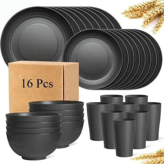 16 PCS| Plates and Bowls Sets for 4, Unbreakable Dinner Plate, Dessert Plates, Cereal Bowl, Drinking Cups, Microwave Safe Dishes
