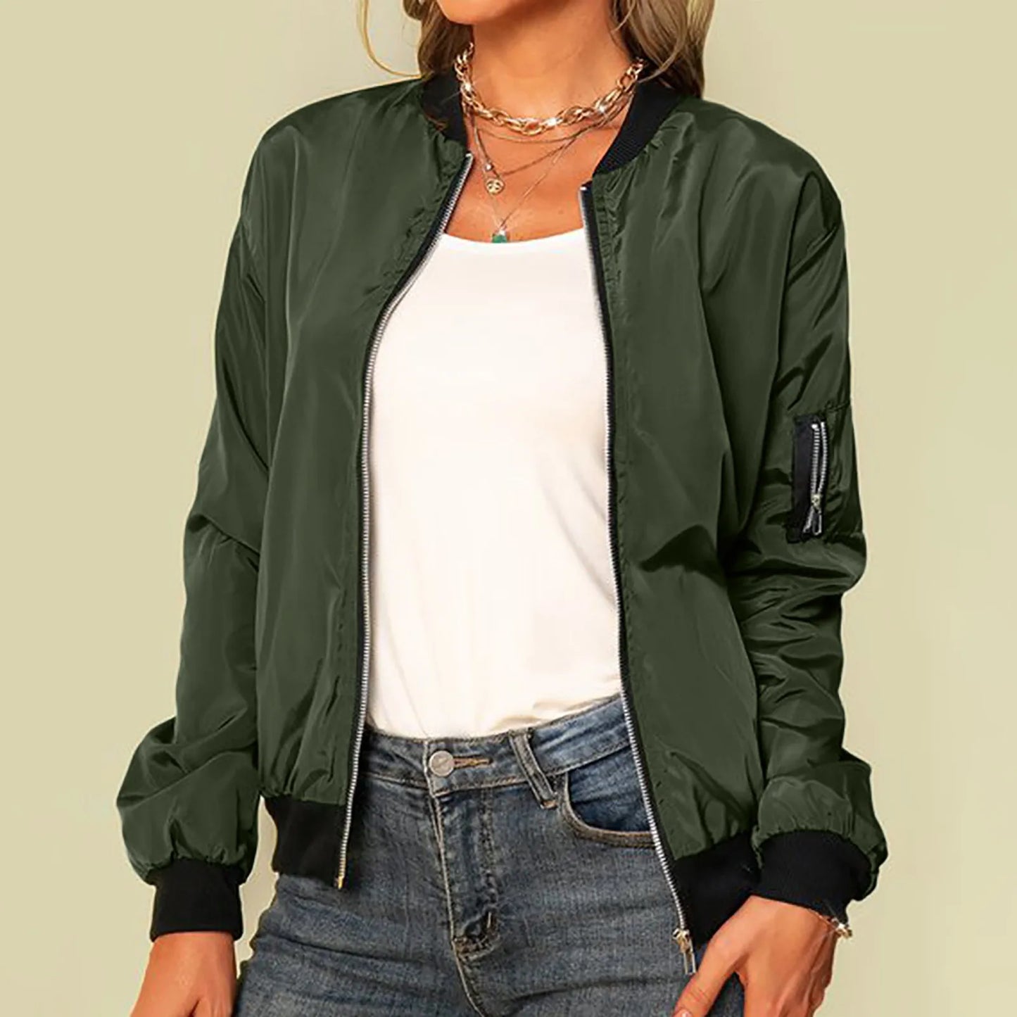 Female Army Green Bomber Jacket