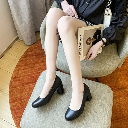 Women's Pumps Spring Autumn Round Toe Fashion Black High Quality Square Heel Party Lady Elegant Mom Slip-on Casual Basic Shoes