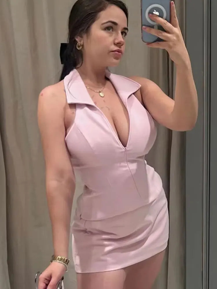 Women Casual Skirts Shorts Set Chic Halter Shirt Neck Backless Top &amp; Shorts Sweet Pink Summer Shorts Sets