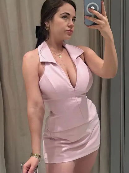 Women Casual Skirts Shorts Set Chic Halter Shirt Neck Backless Top &amp; Shorts Sweet Pink Summer Shorts Sets
