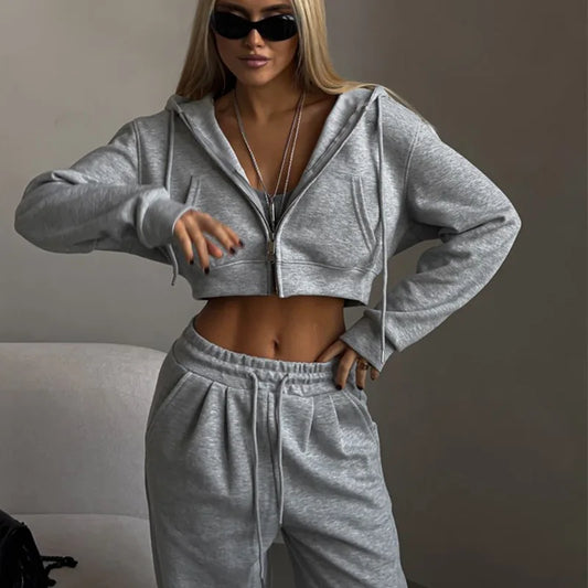 Casual Sport Tracksuit Women Hooded Two Pieces Set Sweatshirts Zipper Solid High Waist Pockets Pants Suit Outwear Autumn