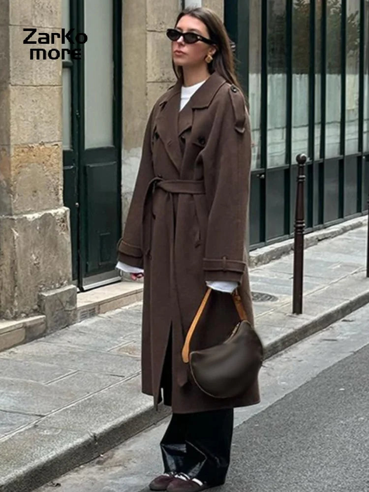 Elegant Belt Long Wollen Coat Women